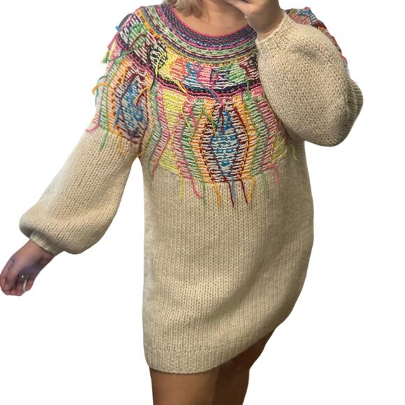 Mes Demoiselles Dresses & Skirts - Mes Demoiselles Oversized Sweater Dress Alpaca Wool Jumper Colorful Fringe Art